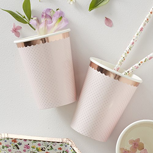 Ginger Ray Floral & Pink Rose Gold Foiled Party Paper Cups 8 Pack