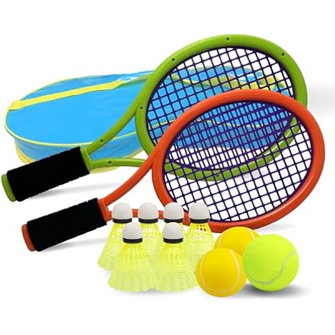 Crefotu Kid Tennis Racket Set for Toddler,Children,Sponge Handle, Includes 6 Badminton, 1 Tennis Ball, Bag and 2 Balls - Increase Children's Sports,Improve Tennis Skills (Grey Orange&Green) Cover