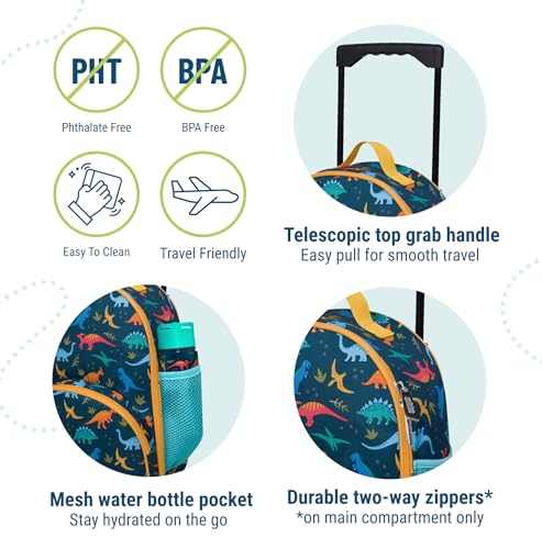 Image of Wildkin Kids 16 Inch Rolling Luggage for Boys & Girls - Lightweight Carry-On Suitcase with Telescoping Handle & Rolling Wheels for School, Travel & Overnight Trips (Jurassic Dinosaurs)