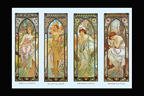 Alphonse Mucha 'Times of Day' Large Poster, 480 x 330 mm, Morning Awakening, Brightness of Day, Evening Reverie & Nights Rest, Art Nouveau Giclee Print by OFA Prints