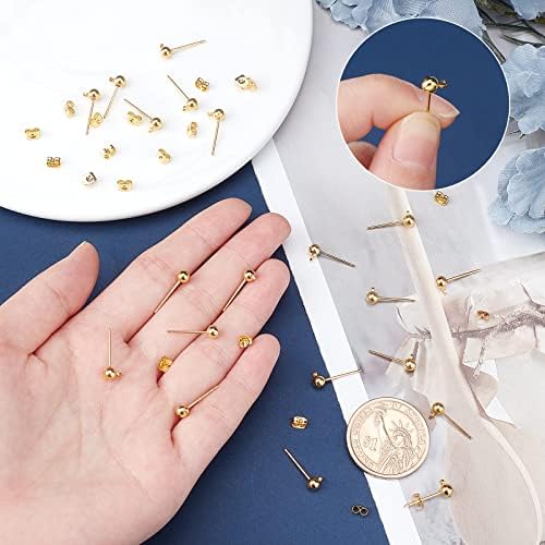 PandaHall 20 Sets Golden Color Brass Post Earring Findings, 15x6mm, Hole: 1mm Ball: 4mm Pin: 0.8mm