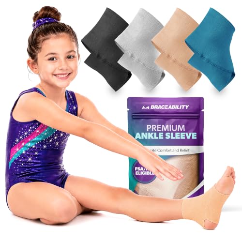Image of BraceAbility Kids Ankle Compression Sleeve, Youth Ankle Support Brace for Gymnastics, Dance, Cheer, Sprained Ankle Swelling, Ankle Wrap for Kids, Boys and Girls (Small - Beige)