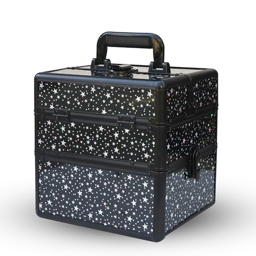 Image of Adson Professional Makeup Box Cosmetics Case Jewelry Organiser Vanity Make Up Storage Box Beauty Train Case Lockable with Keys (Black & Rose Gold)
