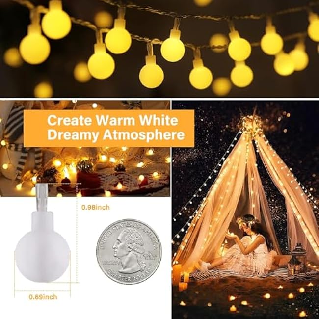 20 Ft Globe String Lights Indoor | Waterproof IP44 for Outdoor Use | Plug-in Warm White LED Lights | Easy to Hang & Timer Compatible for Bedroom, Patio & Holiday Decor