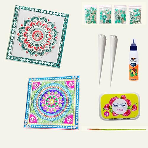 Image of lippan Art Materials DIY kit with 2 premarked madhubani Mandala Designs MDF Board Decorative Mirrors Colours lippan Art kit for Kids Adults Wall Decoration for