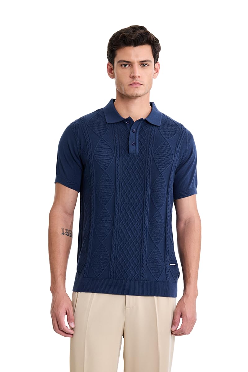 snitch Men Polo T-Shirt | Classic Cable Knit Textured Front Panel & Half Sleeve Design | Premium 100% Cotton Knitted T-Shirt Men, Breathable Casual Holiday-picture-52