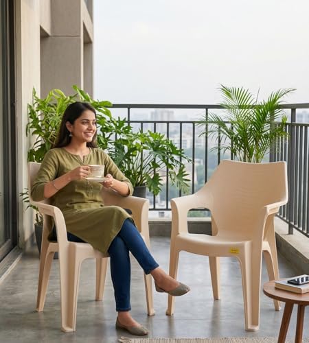 Image of Patiofy Plastic Chair for Home & Outdoor Use | Heavy Duty Comfortable Chair with Strong Legs | Stackable, Easy to Clean | Suitable for Living Room, Balcony, Patio Pack of 2 (Oxford Cream)