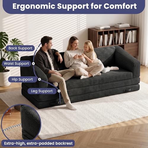 Image of JUIKURY Convertible Sofa Bed, 3-in-1 Foldable Loveseat Couch with Armrest, Corduroy Floor Sofa & Sleeper Bed, No Assembly High-Density Foam Futon Mattress for Living Room, Small Apartment, Dorm