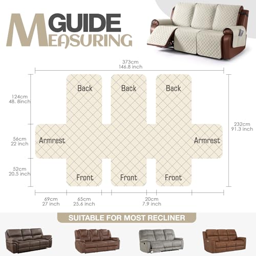 Image of KinCam Waterproof Recliner Sofa Cover, Non-Slip Reclining Couch Covers for 3 Seat, Recliner Couch Cover Furniture Protector with Elastic Straps for Pets, Kids, Ivory