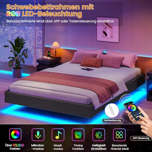 Brinlawb Bett 90x200 mit Lattenrost aus Holz, Bettgestell 90 x 200 cm mit LED Beleuchtung, Gästebett Jugendbett 90x200 cm Einzelbett Schwebebett mit Grauem Leinen, perfekt für Schlafzimmer Gästezimmer