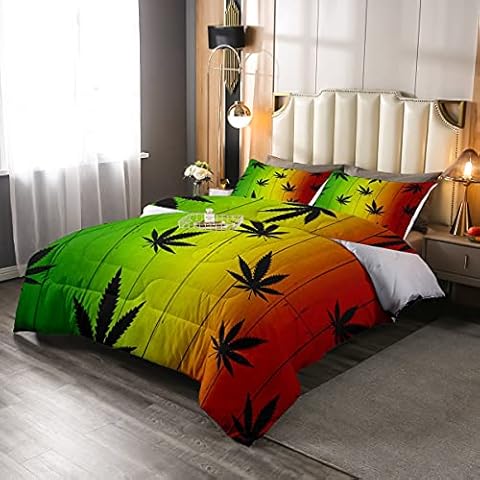 Loussiesd Marihuana Leaf Bettdecke 200x200cm für Mädchen Jungen Kinder Unkrautblatt Steppdecke Holz Deko Cannabis Blätter Steppbett Botanisch Pflanzen Drucken 3St Cover