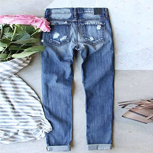 Womens Baseball Print Distressed Straight Jeans Plus Size Ripped Jeans for Women Patch Boyfriend Distressed Denim4