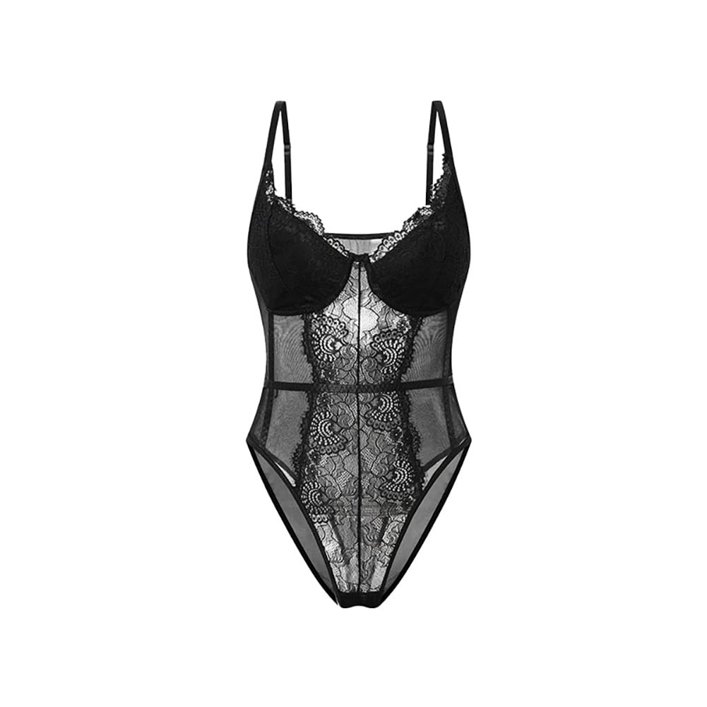 Body Femme Sexy Bodysuit en Maille Transparente Bodys en Dentelle Florale Bretelles Spaghetti Bodycon Combinaisons Jumpsuit Tops Dos Nu Élégant Lingerie Party Justaucorps Clubwear