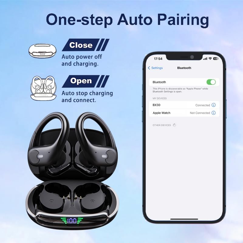 Diagram showing one-step auto pairing process for Wusdayer BX30 earbuds with a smartphone.