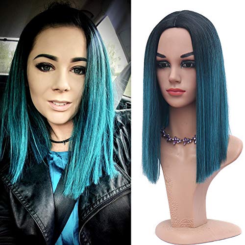 Suri 14 Inches Short Straight Ombre Blue synthetic wigs for women, Short Bob wigs Centre Parting Dark Roots Half-Hand Tie Hair, Heat Resistant Fiber wig Natural hair