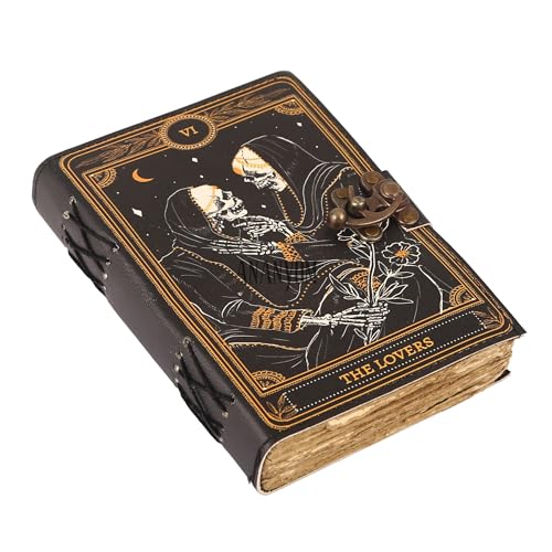 ANANYOM Leather Journal for Writing Gift Set, Lovers Tarot, Spiral Gothic, Skull Lover, Antique Vintage Leather Notebook Diary Sketchbook, 200 Blank Deckle Paper, Unruled, Brass Clasp Lock