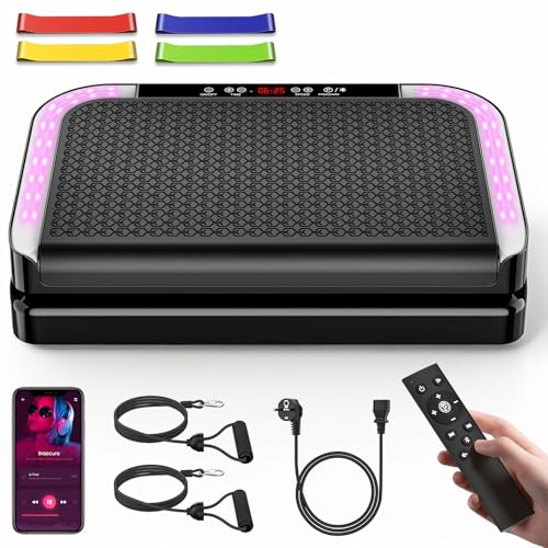 Plataforma Vibratoria, Plataforma Vibración Muscular con 9 Programas, 200 Niveles de Intensidad, Altavoz Bluetooth, Control Remoto, Bandas y Cuerdas de Resistencia, Pantalla LED, MAX Capacidad 200 KG