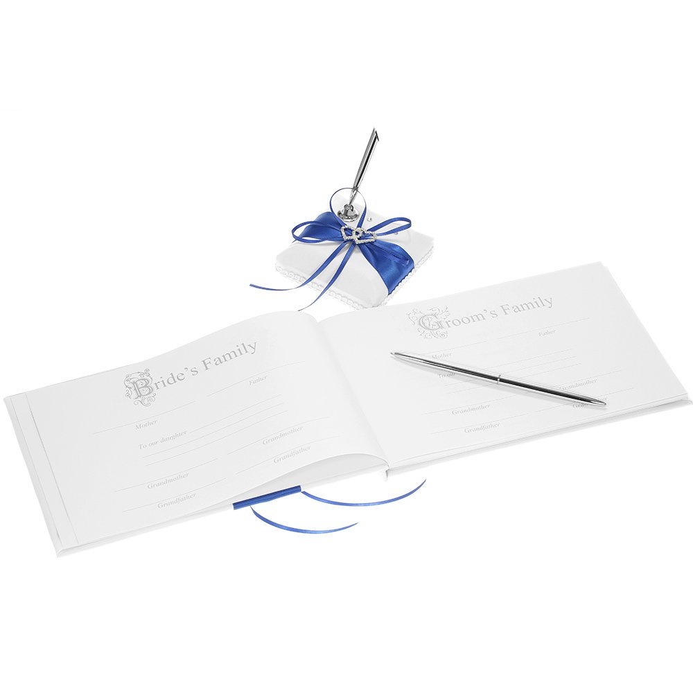5-teiliges Set Hochzeitszubehör Doppelherz-Satin-Blumenmädchenkorb + 7 * 7 Zoll Ringträgerkissen + Gästebuch + Stifthalter + Brautstrumpfband-Set Weißes (Blau)