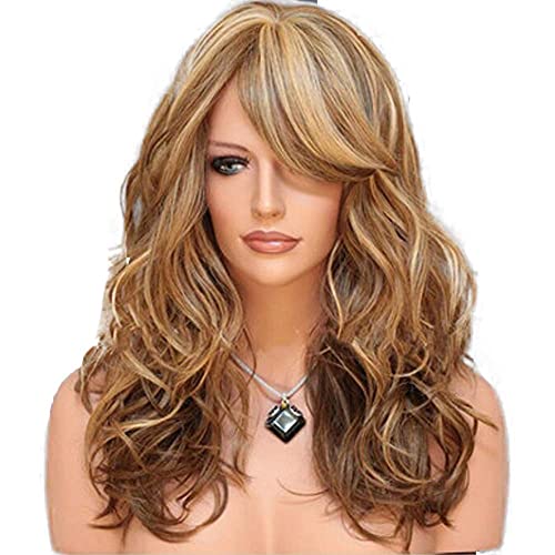 VIYOUVI 24" Blonde Mixed Brown Long Wavy Curly Highlights Heat Resistant Synthetic Bangs Wigs for Women
