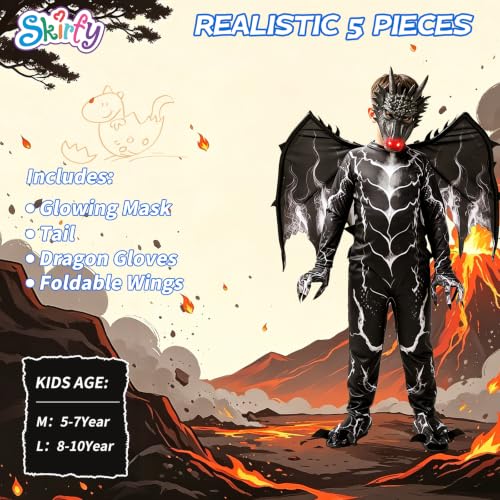 Kids Dragon Costume, Boys Dragon Halloween Costume with Mask, Wings & Tail - image 6