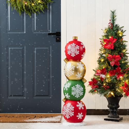Glitzhome Christmas Front Porch Decor, Resin Stacked Ornament Xmas Porch
