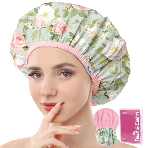 Years calm Bonnet de douche réutilisable et imperméable – Double couche élastique avec imprimé botanique tropical pour douche, spa, voyage, bain et protection quotidienne des cheveux