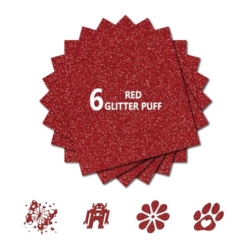 Image of 3D Puff Glitter HTV, 6-Pack 12 inchx10 inch Sheets. Iron-On Vinyl for Fabrics, Compatible with Cricut & Cameo for Easy DIY T-Shirts & Crafts. (Red Glitter Puff, 12 inch x 10 inch)