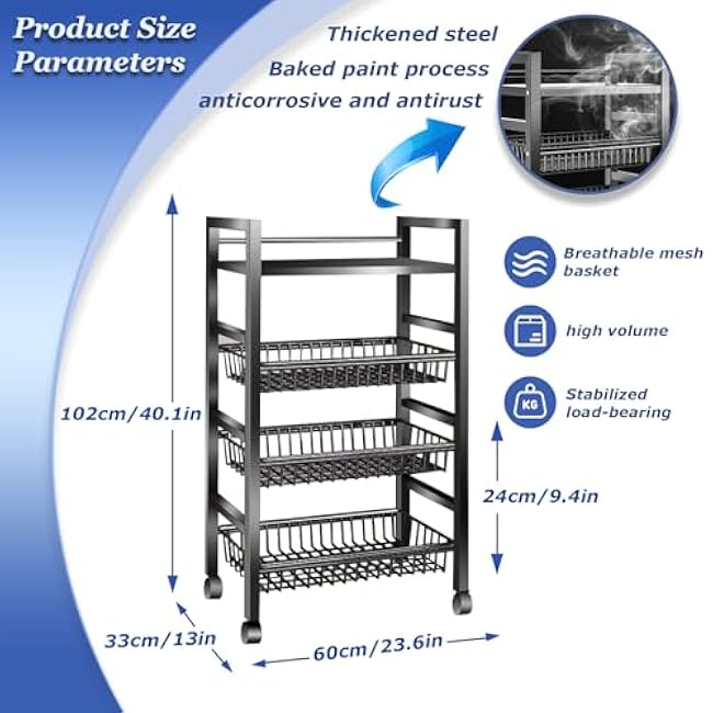 Kitchen Storage Cart, Rolling Snack Cart, 23.6W 4 Tier Fruit Basket Stand, Metal Pantry Storage with Stackable Wire Basket, Black (4Tier3basket)