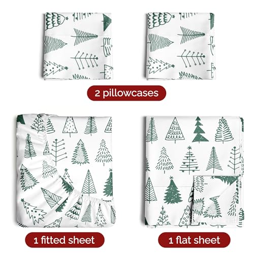 Cal King Christmas Tree Sheet Set - Holiday Xmas Pattern Bedding Set - Deep Pockets - Snug Fit - 4 Piece - Wrinkle Free - Comfy & Cooling Festive Winter - Holiday Sheets for Women, Men, Kids & Teens