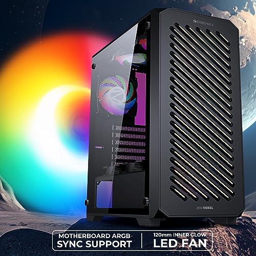 Image of ZEBRONICS VOXEL Mid-Tower Premium Gaming Cabinet, ATX, ARGB Rear Fan, LED Control Switch, Tempered Glass Panel, USB 3.0, 360mm Front or 240mm Top AIO Cooler Support with Top & Bottom Dust Filter