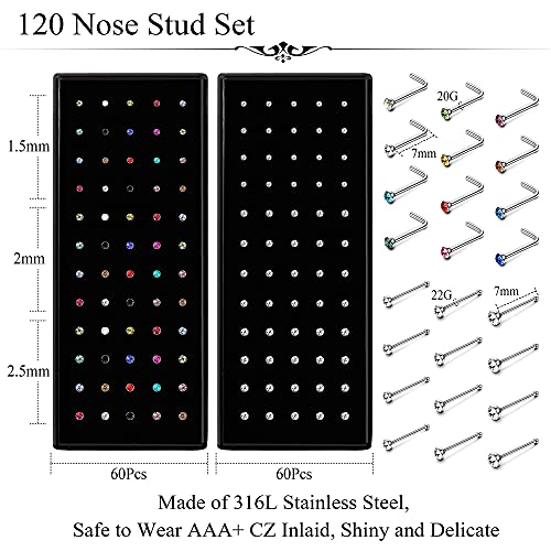 Ubjuliwa 160pcs 20G-22G 1.5mm 2mm 2.5mm Nose Studs Stainless Steel Nose Rings Studs Crystal Rhinestone Stud Nose Rings for Women Nose Piercing Jewelry - Image 3