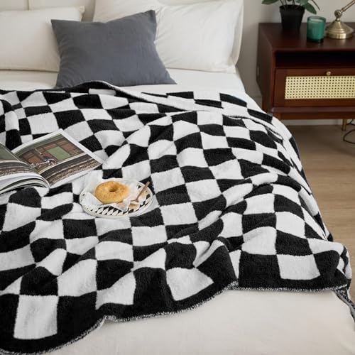 Image of YIRUIO Throw Blanket Checkered Chessboard Fluffy Fuzzy Warmer Comfort Reversible Super Soft Cozy Decor for Home Bed Couch Sofa Room Decor (Black, 51''x63'')