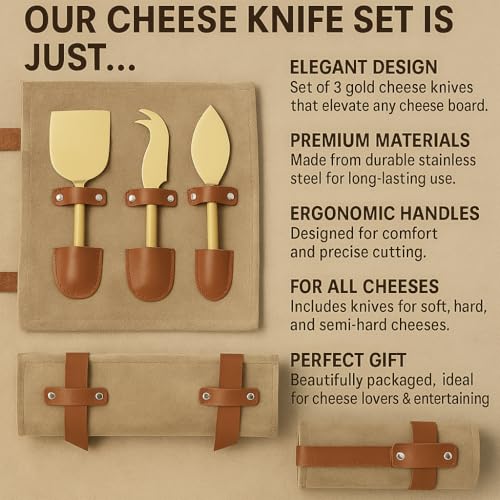 Cheese Knife Set for Charcuterie Board – 3-Piece Gold Stainless Steel Cheese Knives with Leather Pouch – Elegant Charcuterie Tools, Utensils Set