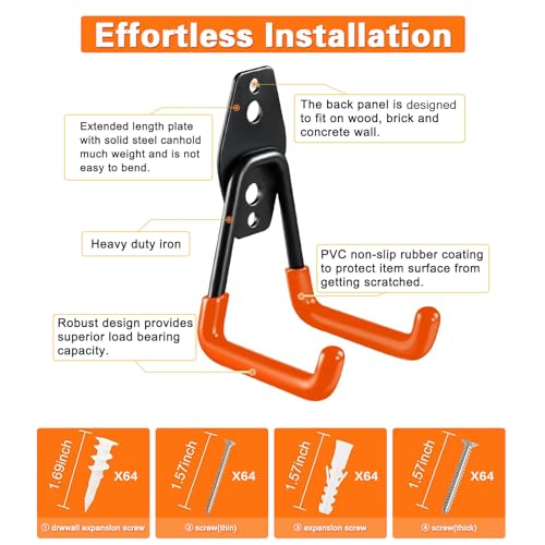 Gudemay 32 Pack Garage Hooks, Heavy Duty Steel Tool Hanger&Organizer For Wall Mount Storage, Ladders, Bikes, Power Tools, Utility Steel Garden Tool Organizer With Anti-Slip Coating thumb #2