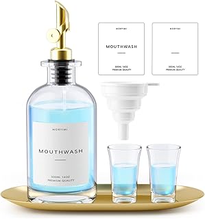 Mouthwash Dispenser, 16oz Glass Mouthwash Decanter for Bathroom, Mouth Wash Container Mouthwash Bottle with Pour Spout, Reusable Mouthwash Dispenser Set with Cups and Gold Tray