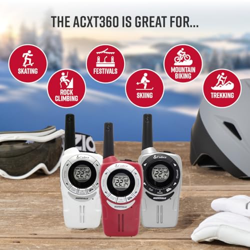Image of Cobra ACXT360 Water Resistant Walkie Talkies for Adults & Compatible Cobra Surveillance Headset: Rechargeable, 22 Channels, Long-Range, 3 Two-Way Radios, 2 Headsets, White, Silver and Red