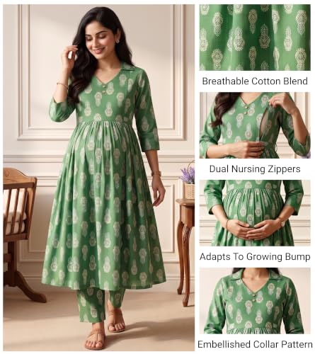 Image of DUMMY SHAPE Maternity Dresses for Women Cotton | Floral Kurta Pant Dupatta Set with Nursing Zippers, Side Pocket | Pre & Post Pregnancy | Feeding Kurti Suit | Baby Shower | Gifts for Pregnant Woman