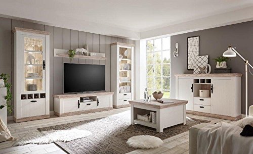 Wohnkombination Kiruna II 6tlg. Set, Pinie weiß, Oslo Pinie Nachbildung, Wohnzimmer, Möbel, Wohnzimmerset, Wohnzimmermöbel, Wohnwand, Sideboard Größe mit Beleuchtung – Bild 4