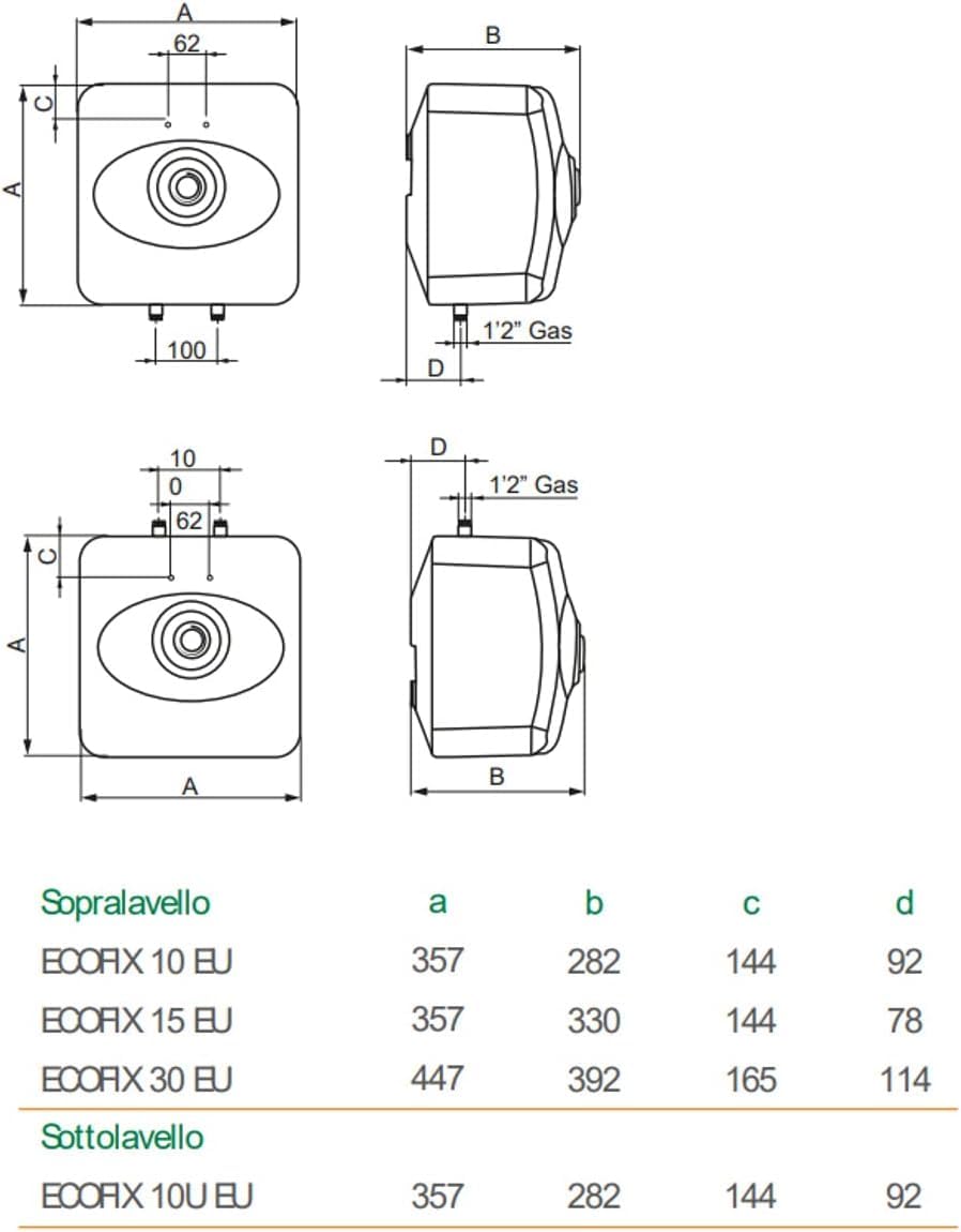Scaldacqua Sopra Lavello Ecofix 30 Eu2 -lt.30, dimensioni mm.447x447x392h.