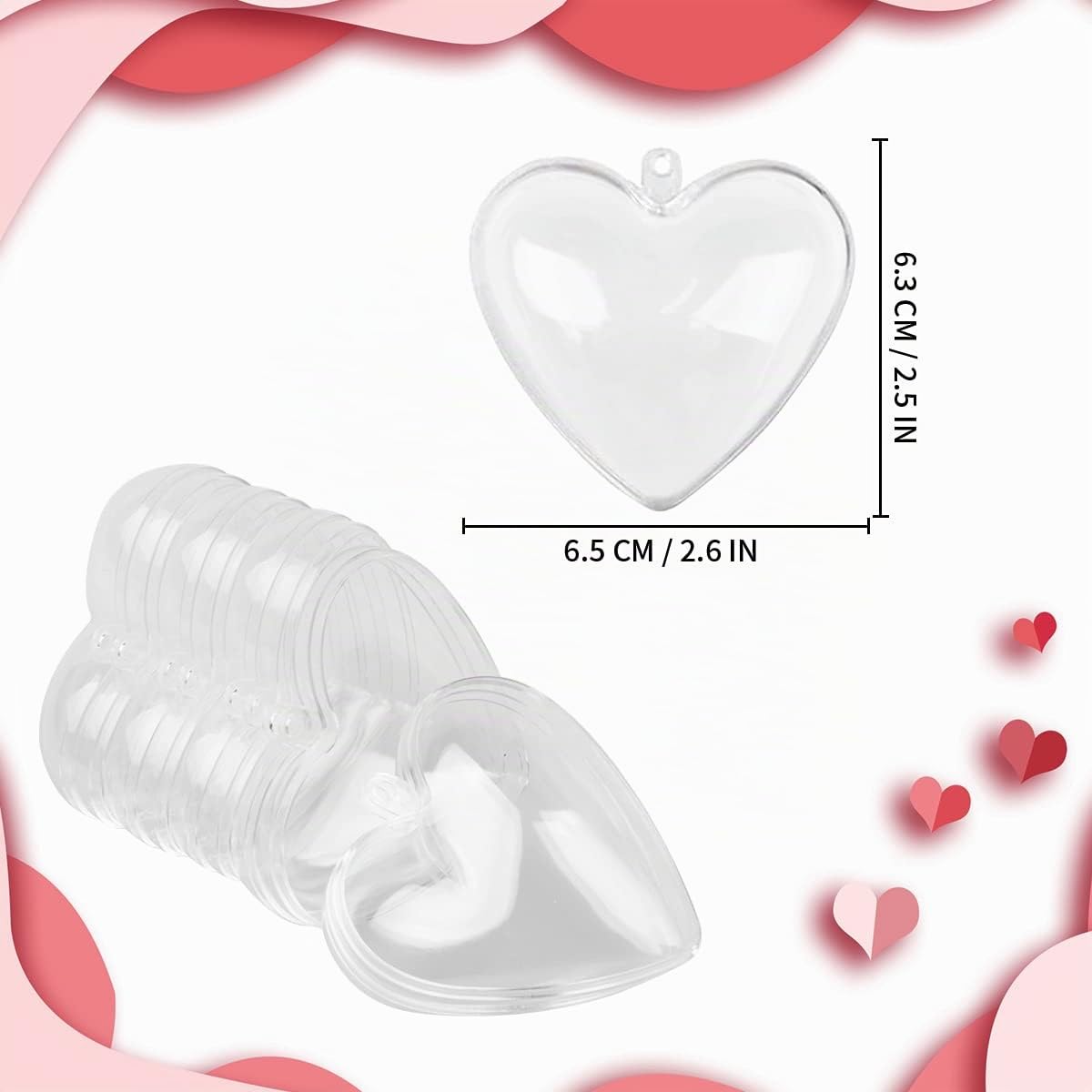 Jangostor 20 Confezioni Ornamenti a Cuore Trasparenti Palline da Riempire, Decorazioni di San Valentino in Plastica Fai-da-Te (6,5 cm)