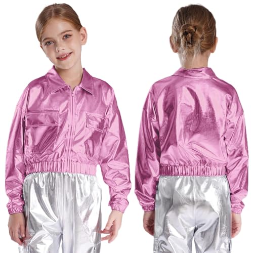 Kids Boys Girls Hip-hop Jazz Street Dance Crop Tops Sequin Bomber Jackets Zip Up Coat with Pockets