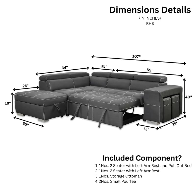 Image of Homax. - Rumi1L-Shaped Sectional Sleeper Sofa Couch in 5 piece with Pull-Out Bed, Storage Ottoman & Adjustable Headrests, Leatherette upholstered, Right-Facing Chaise, Navy Blue