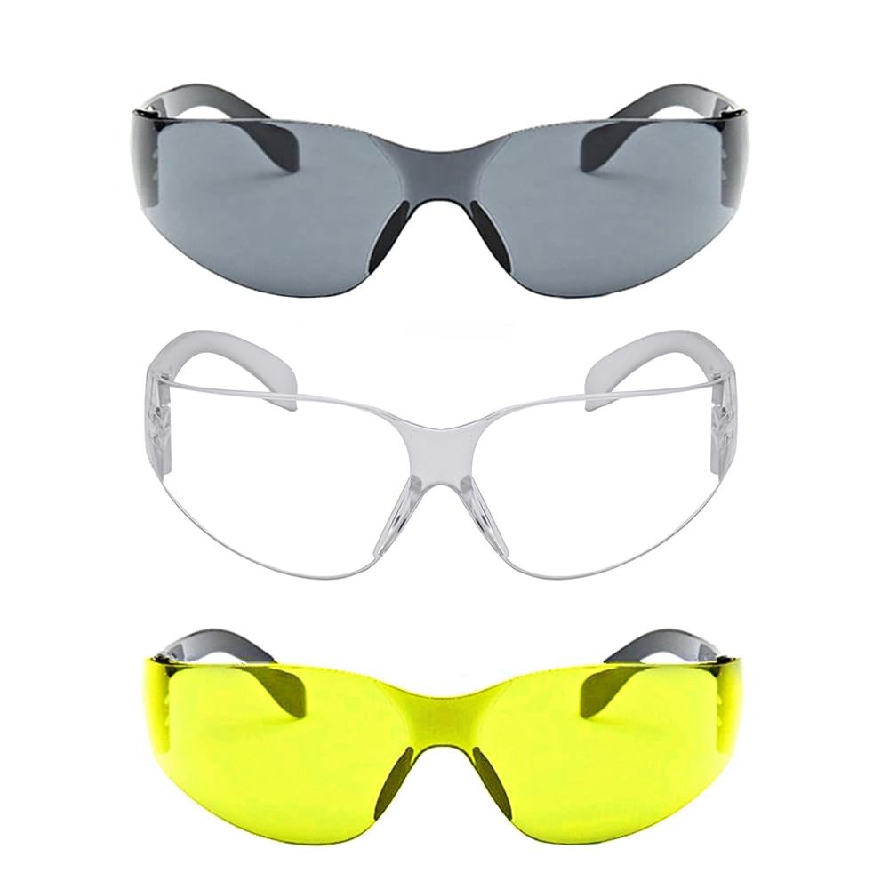 TopHomer 3 gafas de seguridad, transparentes, negras y amarillas, protección ocular para trabajo, antiarañazos, antipolvo, para ciclismo, laboratorio y pesca