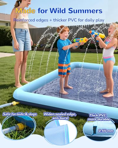 Image of VISTOP Non-Slip Splash Pad for Kids and Dog, Thicken Sprinkler Pool Summer Outdoor Water Toys - Fun Backyard Fountain Play Mat for Baby Girls Boys Children or Pet Dog (67 * 67 inch, Blue&Blue)