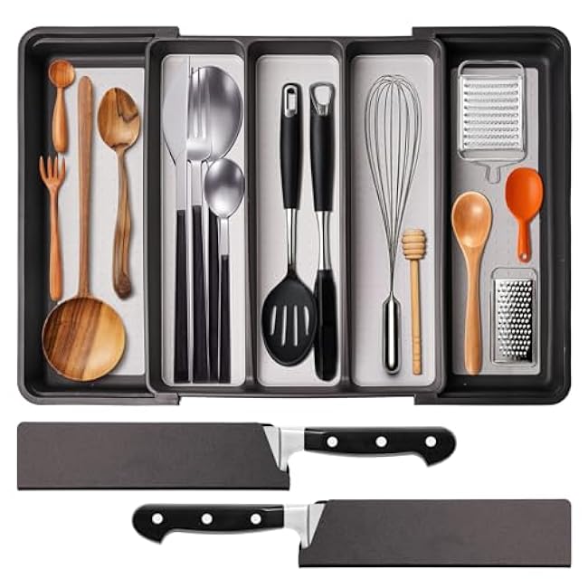 Silverware Drawer Organizer, Expandable Drawer Organizers, BPA Free Flatware and Cutlery Tray, Adjustable Plastic Storage with Anti-Slip Linner inside for Spoons Forks Knives with 2 Knife Guards, Grey