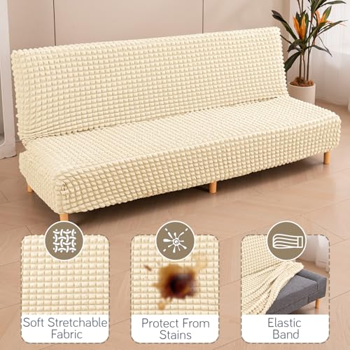 Image of HOKIPO Armless Sofa Cover for Sofa Cum Bed, 280 GSM Stretchable Elastic Futon Slipcover, 'Aria Nova' (Medium) Light Cream (AR-6702-CRM)