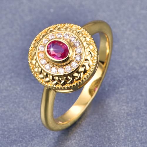 18K Gold Plated Rings for Women, Art Deco Engagement Ring, Simulated Ruby Spinel Dome Wedding Band Promise Ring for Her4