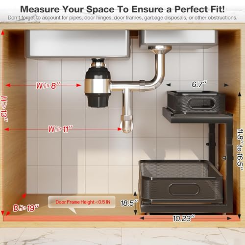 Image of 2-Pack 18.5 IN Depth Under Sink Organizer With Next-Gen Ball-Bearing Slides,Sophisticated Mesh 2-Tier Pull Out Shelf for Kitchen & Bathroom,Fits Small Items-Black