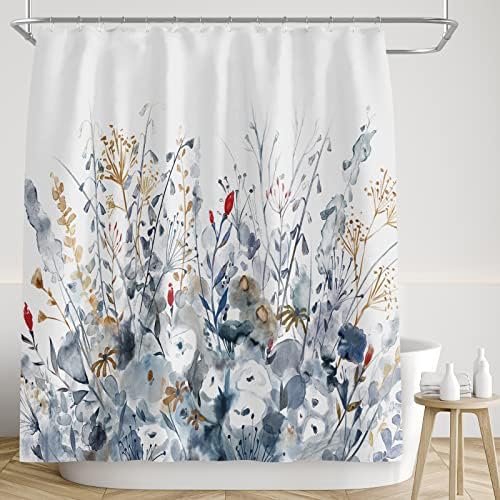 VCQPDEE Flowers Shower Curtain Blue Botanical Painting Shower Curtains Set Waterproof Fabric Farmhouse Bathroom Curtains Indigo Floral Leaf Grass 72 x 72 Inches with 12 Pieces Hooks