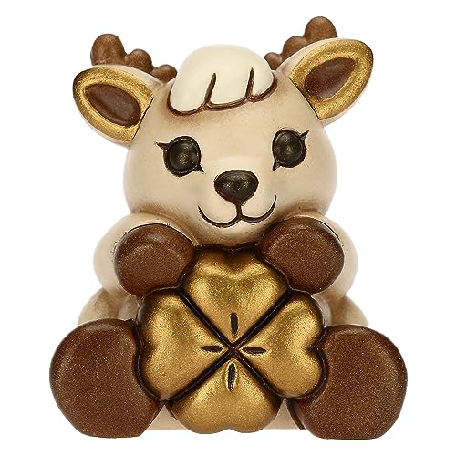 THUN, Renna Robin con Quadrifoglio Portafortuna in Ceramica Decorata a Mano, Versione Media, 5x4.5x5.5 cm h